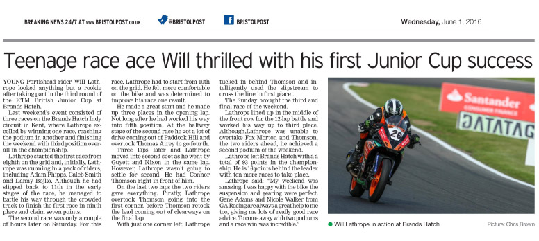 Will Lathrope KTM British Junior Cup Brands Hatch May 2016