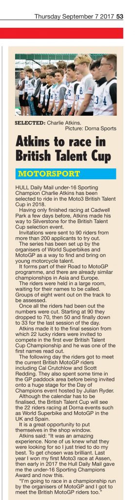 Charlie Atkins British Talent Cup 2018 Hull Daily Mail