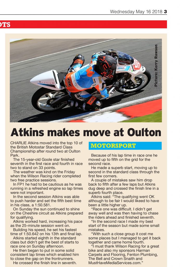 Charlie Atkins Motostar Oulton Park May 2018 Hull Daily Mail