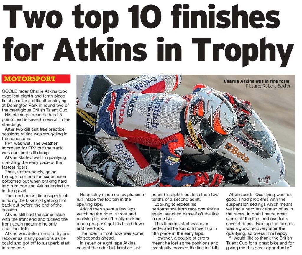 Charlie Atkins British Talent Cup Hull Daily Mail 6 June 2018